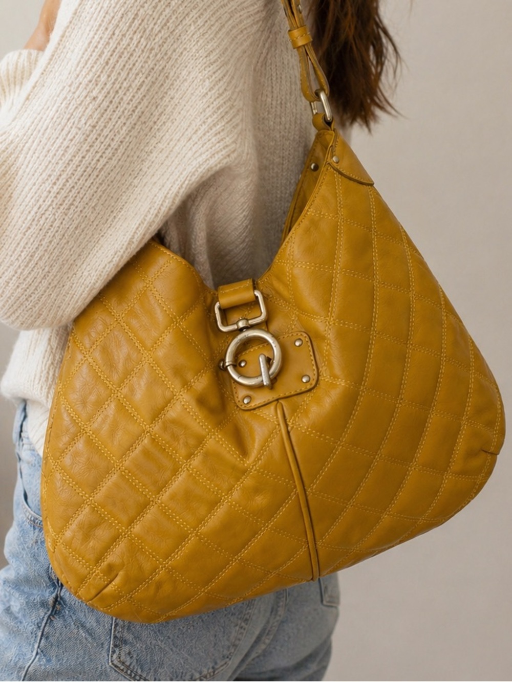J.Crew Mustard Yellow Quilted Leather Hobo Shoulder Bag Boho Chic Large